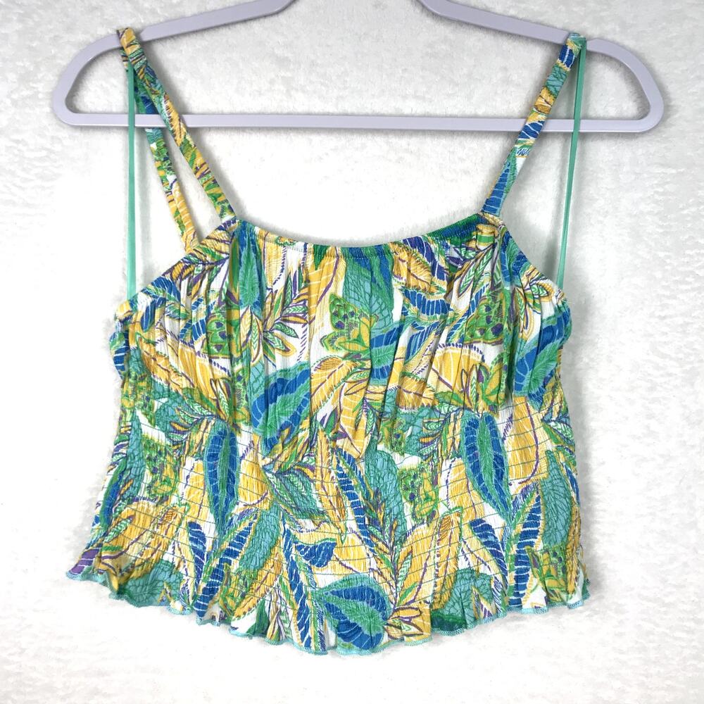 Hippie Rose Top Womens Large Green Yellow Crop Tank Ruffle Tropical Y2K Coconut‎